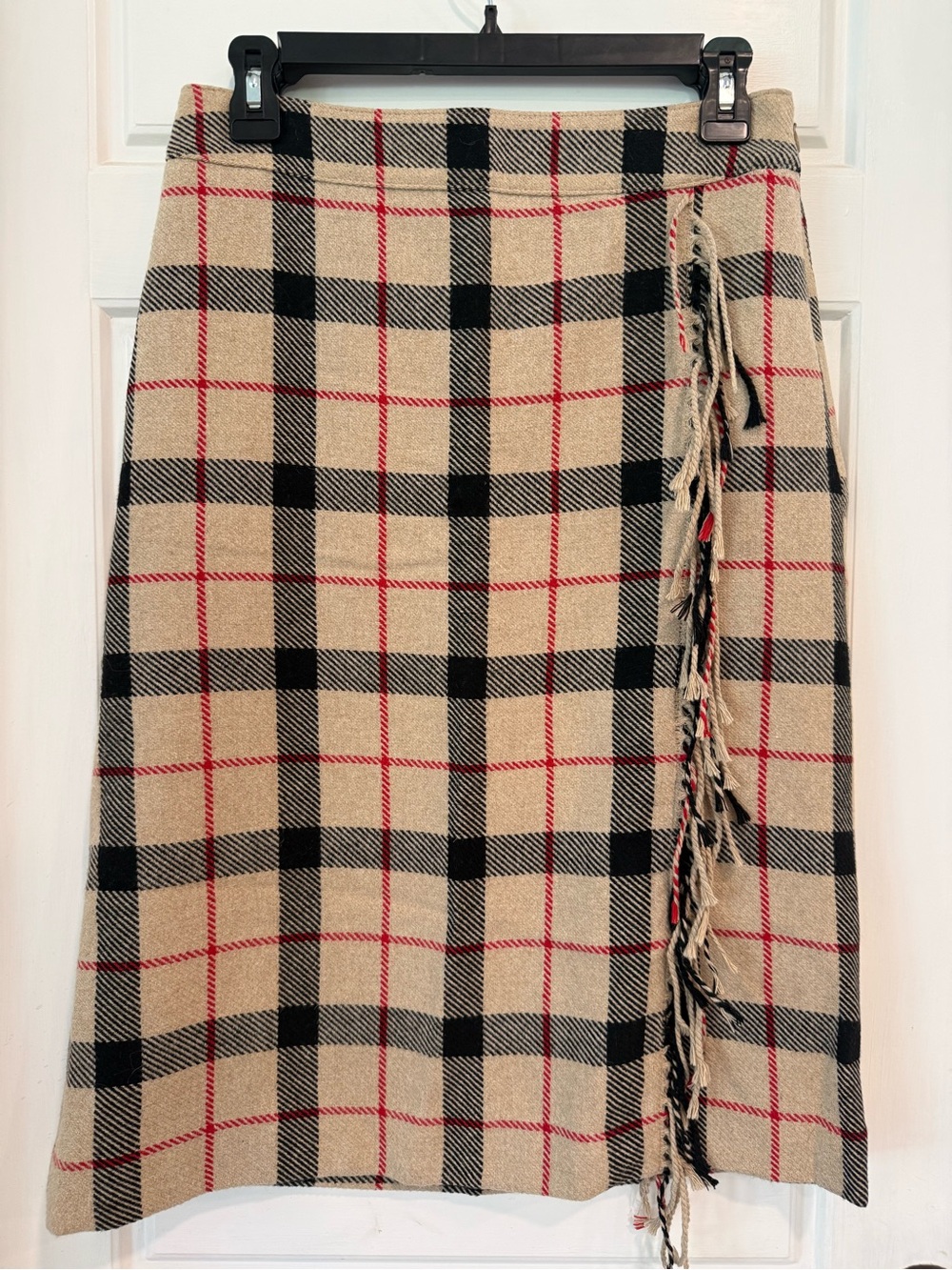 Talbots Plaid Wool Blend Fringe Wrap Midi Skirt Tan Black Red Size 2